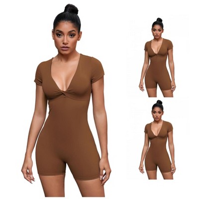 INSPIRE CHIC 3 Pcs Women's Cross Front Tummy Control Slimming Short Sleeve Body Shapers 3 Caramel Medium