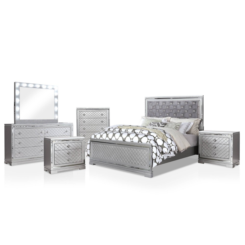 6pc California King Tenaya Bedroom Set Silver/Gray - HOMES: Inside + Out: Glamorous Design, Mirrored Trim, Button Tufted -  87947966