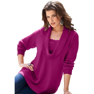 Roaman's Women's Plus Size Lace Trim Cowl Neck Sweater