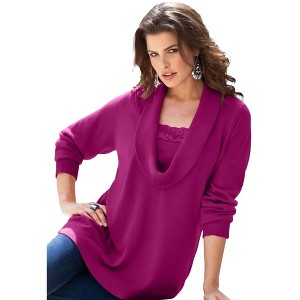 Roaman's Women's Plus Size Lace Trim Cowl Neck Sweater - 1 of 4