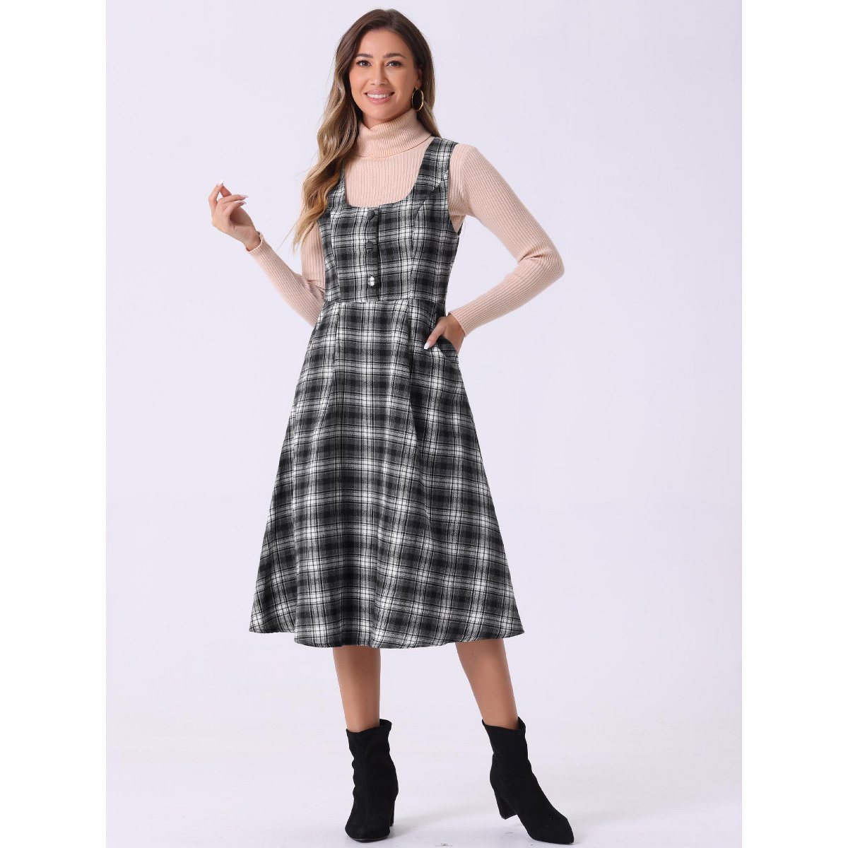 Женские платья INSPIRE CHIC Women's Plaid Vintage Sleeveless High Waist Midi Pinafore A-Line Dress with Pocket Black Large — фото 2