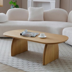 Vynxaria Natural Wood-Tone Elliptical Coffee Table High-Quality Fiberboard, Arc Legs, Smooth Polished Surface, Versatile - 1 of 4