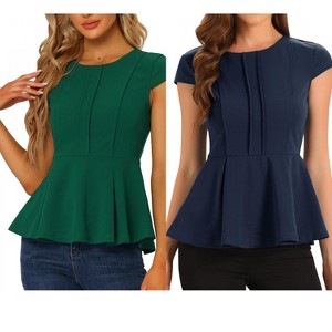 INSPIRE CHIC Women's Elegant Round Neck Cap Sleeve Solid Color Peplum Blouses 2 Packs - 1 of 4