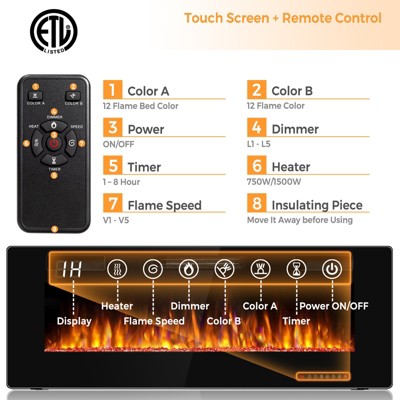 50" Black Wall Mounted Electric Fireplace with Remote Control