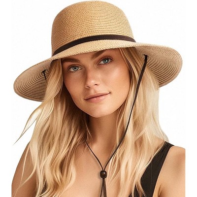 Fisfet Womens Wide Brim Sun Hat with Wind Lanyard UPF Summer Straw Sun Hats for Women