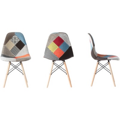 Multicolor Patchwork Upholstered Side Chair with Wooden Legs