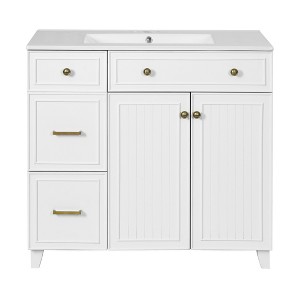 Vynxaria 36-Inch Bathroom Vanity - Ceramic Sink, 2 Drawers (1 Double-Layer), 2 Soft-Close Doors, White - 1 of 4