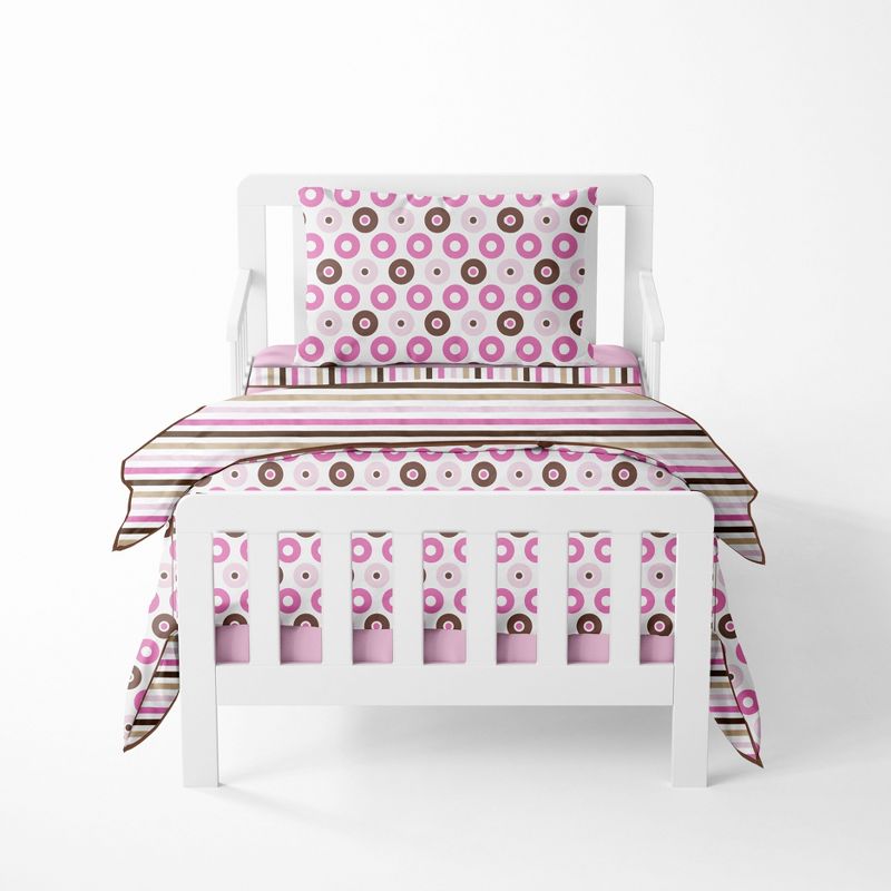 Bacati - Mod Dots Stripes Pink Fuschia Beige Chocolate 4 pc Toddler Bedding Set, 1 of 9
