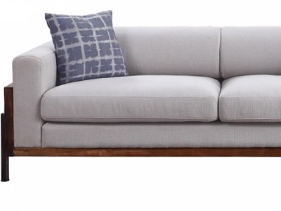 Pelton 91" Light Gray Linen Upholstered Sofa with Walnut Wood Frame