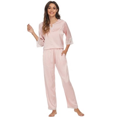 cheibear Womens Satin Sleepwear Lounge with Pants Nightwear 3/4 Sleeves Pajama Set