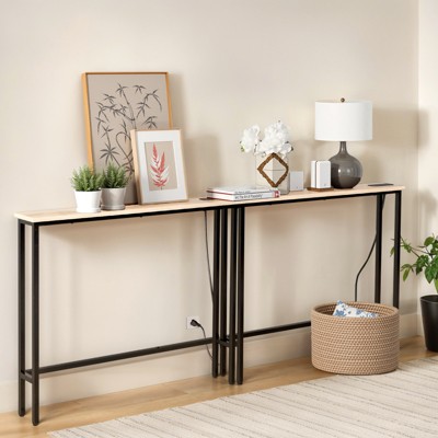 KTMBDW 2 Pack Narrow Console Sofa Table with Power Outlets, Long Couch Table with Metal Frame and Charge Station with 6.5’ Extension Cord for Hallway