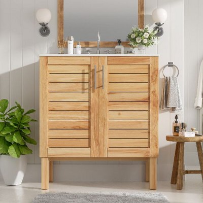NicBex Bathroom Vanity with Sink –Rectangle Ceramic Basin, Tip-Out Tray, Rubber Wood Legs & Floral Patterns, Vintage Bathroom Vanity Cabinet