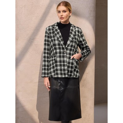 INSPIRE CHIC Women's Plaid Tweed Notched Lapel Long Sleeve One Button Suit Blazer Black Small — фото 2