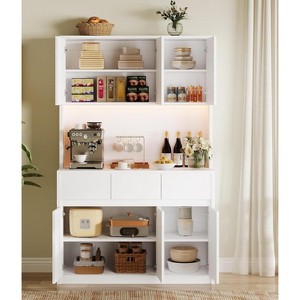 Kitchen Pantry Cabinet, Kitchen Storage Hutch with Glass Door, Handless Design and Adjustable Shelves, LED Lights - 1 of 4