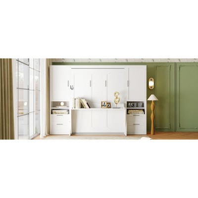 Murphy bed integrated wardrobe system against green wall