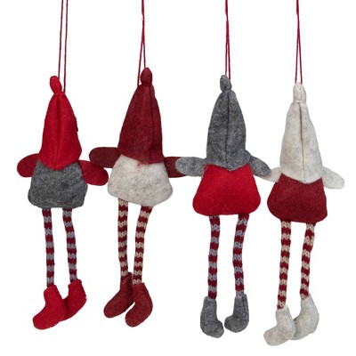 Set of 4 Red and Gray Plush Gnome Christmas Ornaments