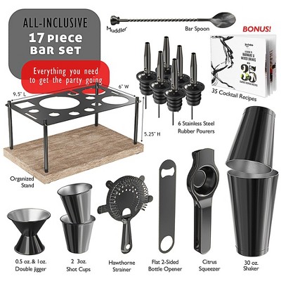 Black Corrosion-Resistant Steel 17-Piece Cocktail Shaker Set with Wood Stand