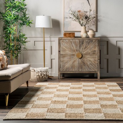 Ivory and Beige Checkered Cotton Jute Rectangular Rug