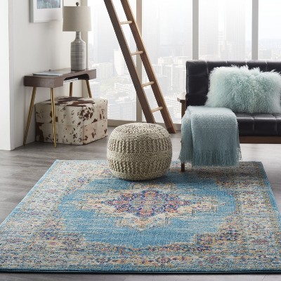 Light Blue Geometric Synthetic Medium Round Rug