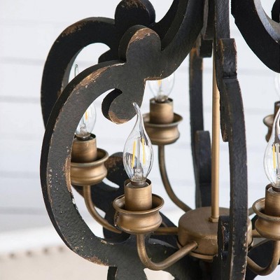 Antique Black 6-Light Wrought Iron Chandelier with Glass Shades