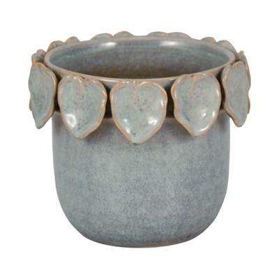 Ceramic Planter with Handcrafted Leaf Rim Design, Indoor or Outdoor Garden Decor, Decorative Plant Container for Home Office Patio Display