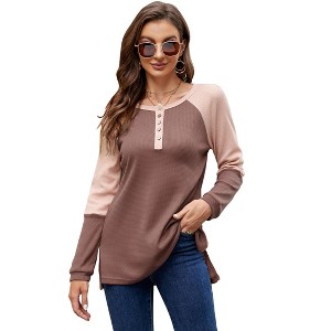 Women’s Waffle Knit Tunic Tops Color Block Long Sleeve Button Up Crew Neck Henley Shirts - 1 of 4