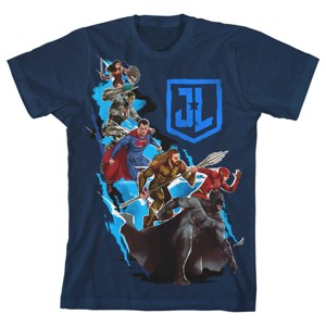 Justice League Movie Group Character Art Boy's Navy T-shirt - 1 of 3