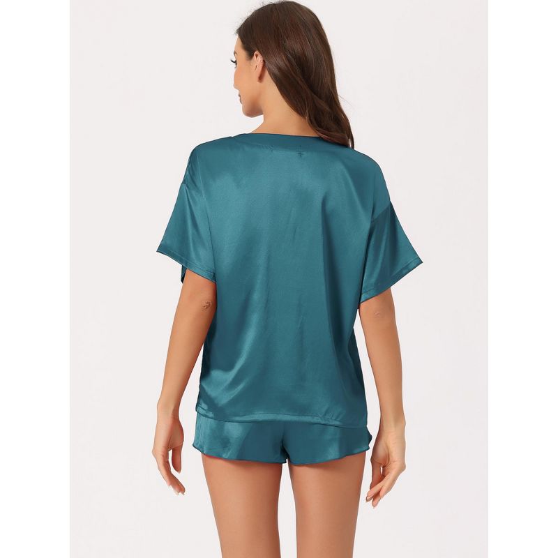 cheibear Women's Satin Spring Summer Short Sleeve Pullover T-shirt with Shorts Sleepwear Pajama Set, 3 of 6