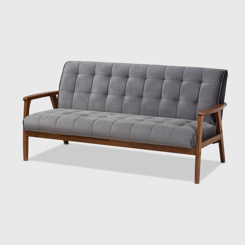 Asta Velvet Upholstered Wood Living Room Set Gray/Walnut - Baxton Studio, 4 of 10