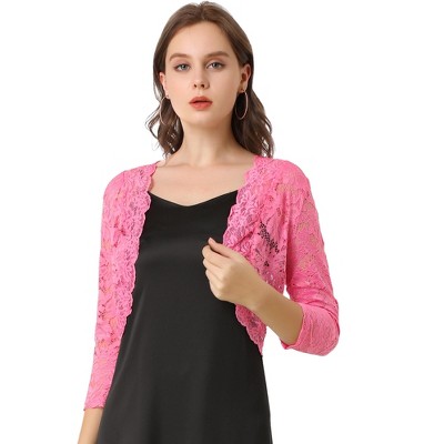 Allegra K Women's 3/4 Sleeve Elegant Sheer Floral Lace Shrug Top Pink ...