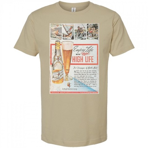 Мужские футболки Miller High Life Mens Miller High Life Enjoy Life Vintage Art Tan Colorway T-Shirt - Small