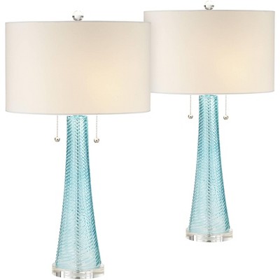 Possini Euro Design Modern Table Lamps Set of 2 Light Sky Blue Fluted Glass White Drum Shade for Living Room Bedroom Office Family