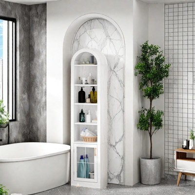 FONTOI Slim Arched Shaped Storage Cabinet with 6 Shelves, Arched Bookcase with Storage Space for Home, White, 10.2"*71.1"*16.1"