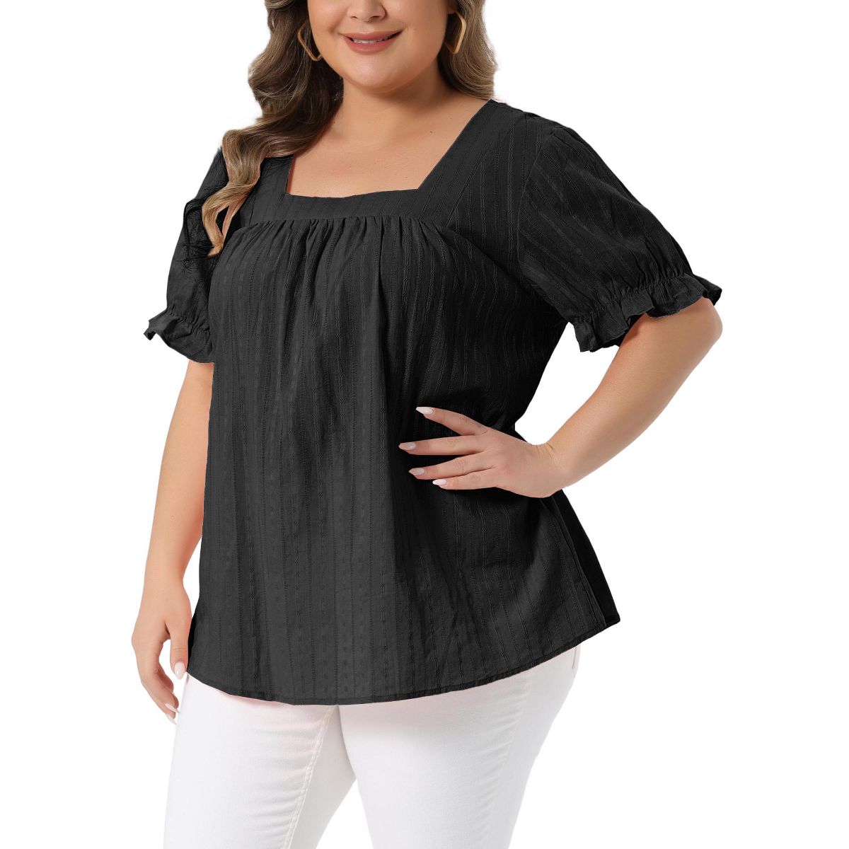 Women's Plus Size Pleated Front Hollow Square Neck Ruffle Sleeve Summer Blouse - Agnes Orinda