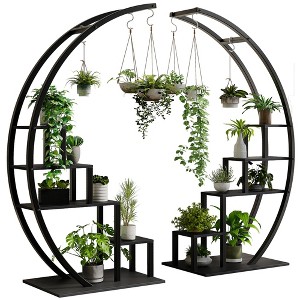 5 Tier Metal Plant Stand, Half-Moon Shape Plant Rack With Hanging Hooks, Tall Plant Holder for Home Decor, Garden, Balcony - 1 of 4