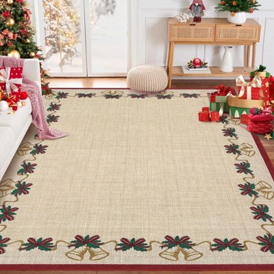 Christmas Area Rug with Bells Holly Berry Ribbon Garland, Festive Throw Carpet for Living Room Bedroom Kitchen Office