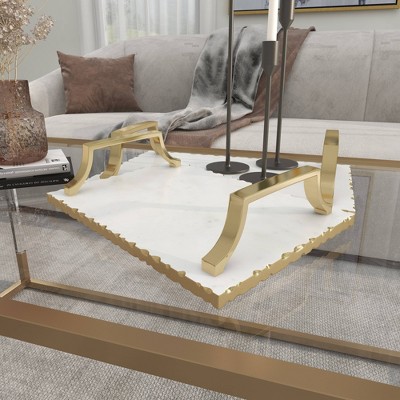 Gold and White Ceramic Rectangular Tray Set with Metal Handles