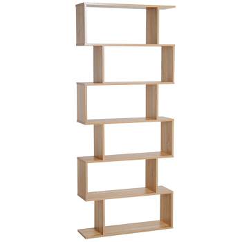HOMCOM 75.5"H Bookcase 6 Shelf S-Shaped Bookshelf Wooden Storage Display Stand Shelf Organizer Free Standing Oak