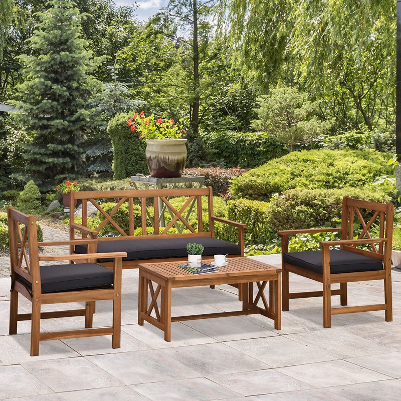 Outsunny 4 Piece Acacia Wood Outdoor Patio Furniture Set with 2 Armchairs, 1 Sofa, & 1 Coffee Table, Cushions Included, 2 of 8