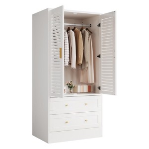 65" Tall Wooden Wardrobe Armoire Closet with Gold Handles, 2 Drawers for Bedroom or Cloakroom,   Black - 1 of 4