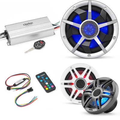 Clarion Marine 4 Channel Amp & Premium 6.5" w/ 10" Silver Grill Boat Audio Upgrade Bundle ( Includes LED Remote )