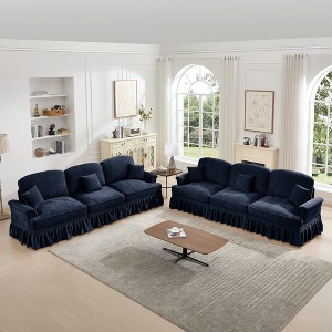 Classic Chenille Sleeper Sofa Couch, Flared Arms, Removable Ruffled Skirt, Spindle Legs, Deep Seat Cloud Sectional with 3 Movable Ottomans - 1 of 4