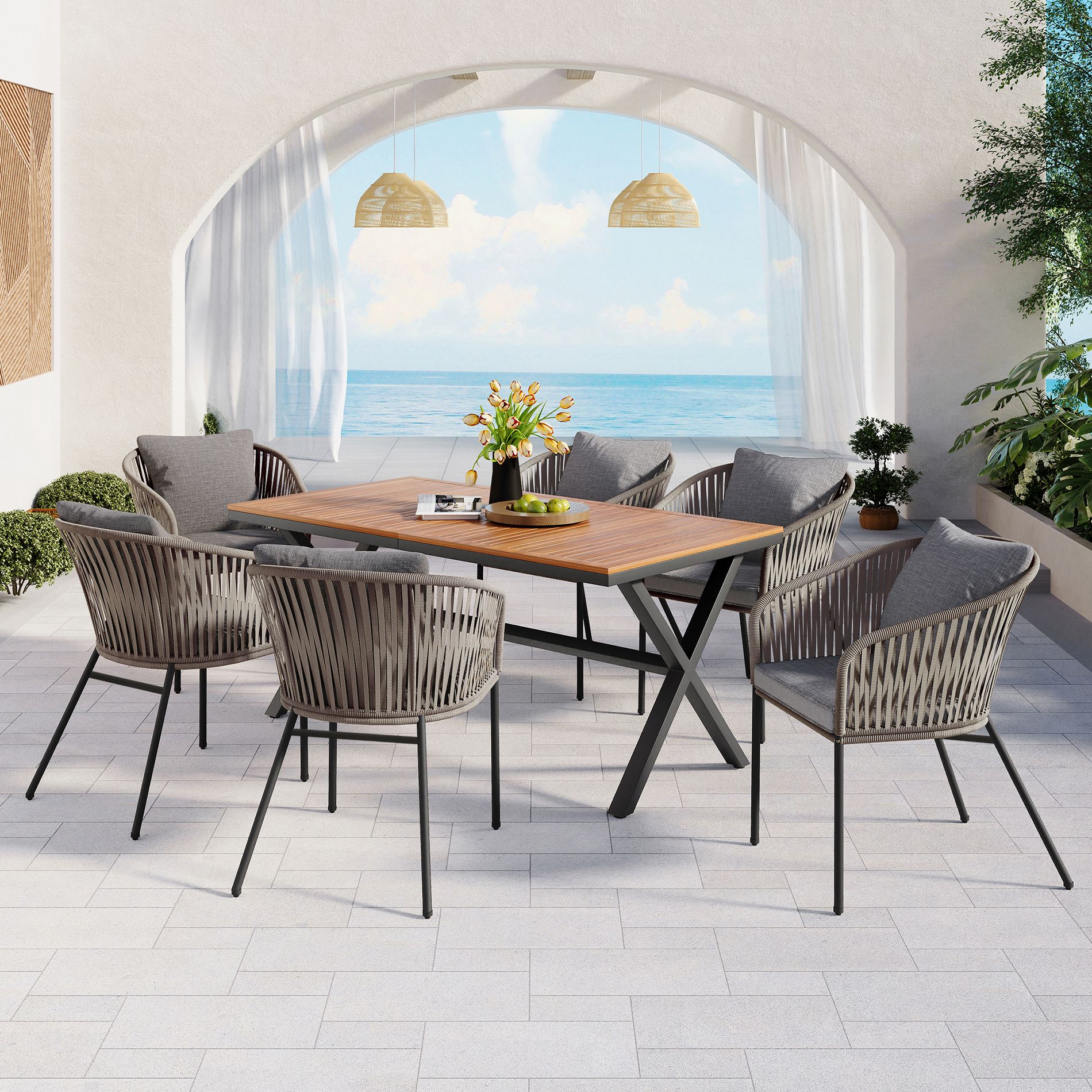ModernLuxe 7pcs Patio Dining Sets, All-Weather Outdoor Furniture Set with Dining Table and Chairs, Acacia Wood Tabletop, Metal Frame, Gray