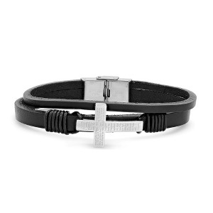 Steeltime Men's black leather and stainless steel cross with Our Father prayer bracelet - 1 of 4
