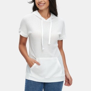 Knit & Lounge Women’s Waffle Knit Short Sleeve Pullover Hoodie Drawstring Neckline Kangaroo Pocket - 1 of 4