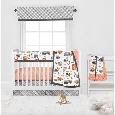 Bacati - Construction Yellow Orange Blue Gray 6 pc Crib Bedding Set with Long Rail Guard Cover