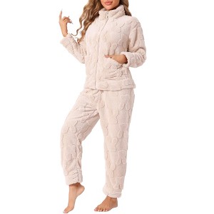 cheibear Women's Flannel Long Sleeve Soft Winter Warm Rabbit Pattern Pajama Sets with Pockets - 1 of 4