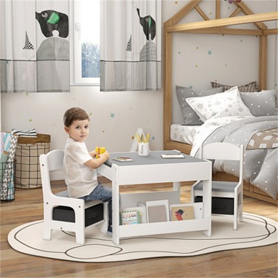 SKRAN 3-Piece Kids Table and Chair Set, 2 in 1 Toddler Table and Chair Set with Reversible Tabletop Blackboard,Storage & Bookshelves for Playroom,Gray