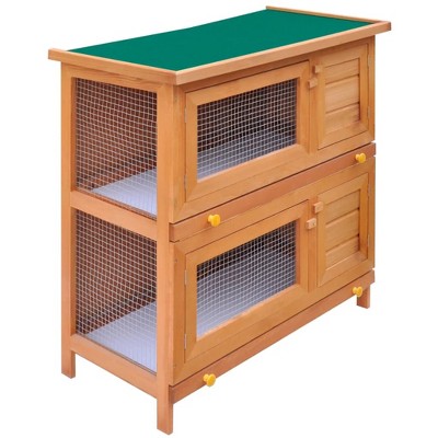Outdoor Wooden Rabbit Hutch with Green Roof and Iron Mesh