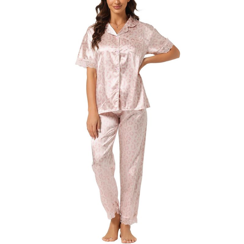 cheibear Women's Floral Short Sleeve Button Down Sleepwear with Pants 2 Pcs Pajama Set, 1 of 6